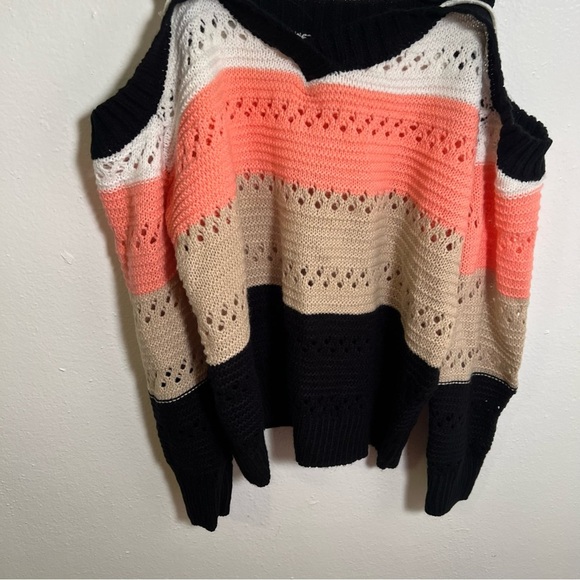Striped Cold Shoulder Sweater Loose Knit Beige Black Peach S - Picture 5 of 10